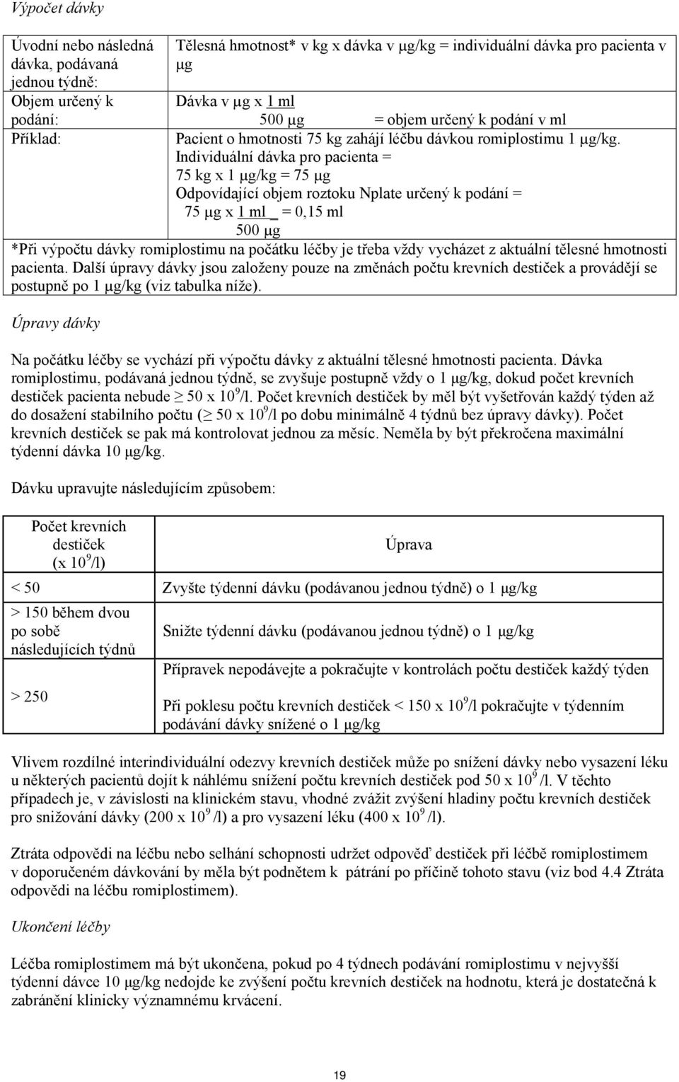 Individuální dávka pro pacienta = 75 kg x 1 µg/kg = 75 µg Odpovídající objem roztoku Nplate určený k podání = 75 µg x 1 ml _ = 0,15 ml 500 µg *Při výpočtu dávky romiplostimu na počátku léčby je třeba