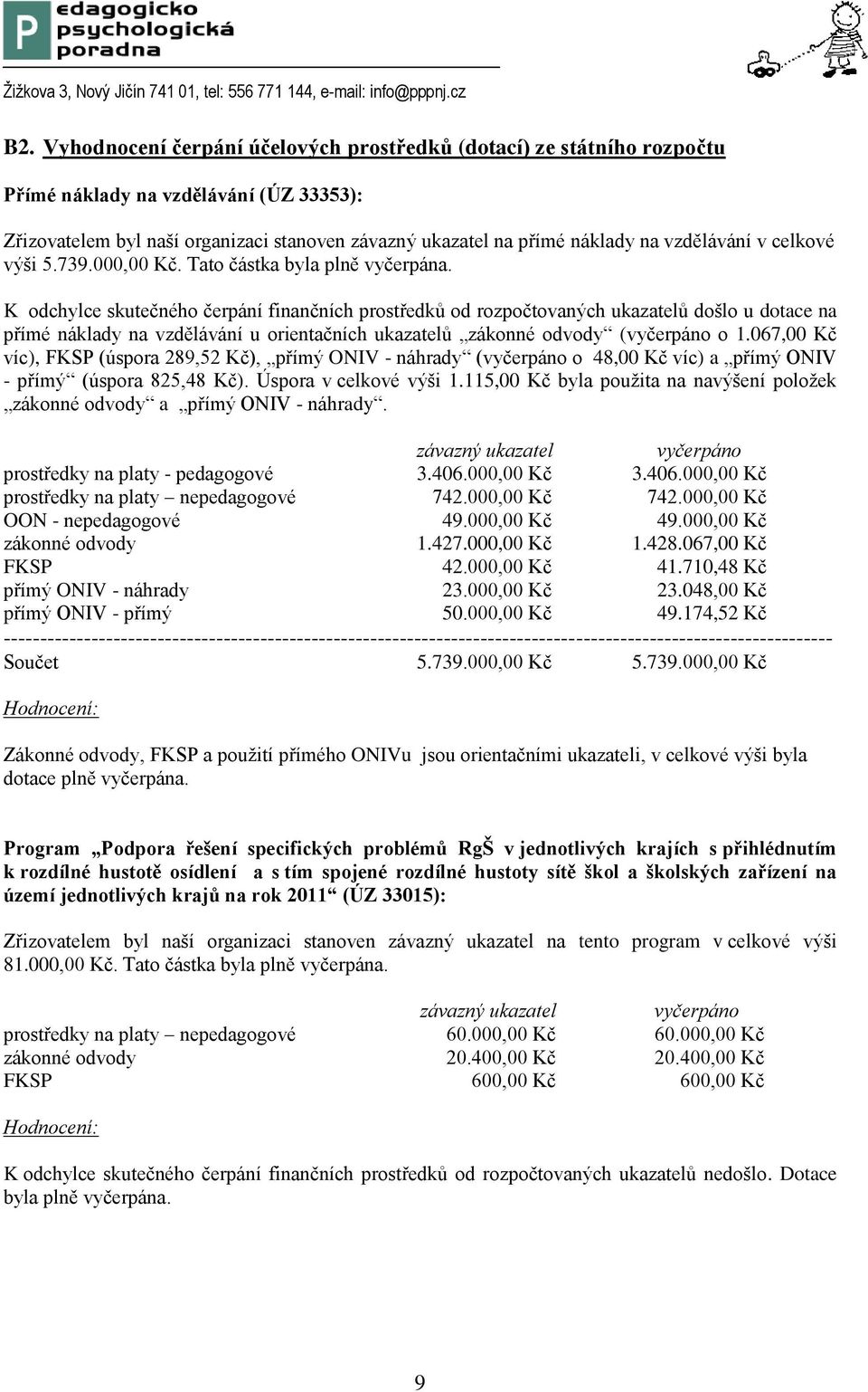 K odchylce skutečného čerpání finančních prostředků od rozpočtovaných ukazatelů došlo u dotace na přímé náklady na vzdělávání u orientačních ukazatelů zákonné odvody (vyčerpáno o 1.