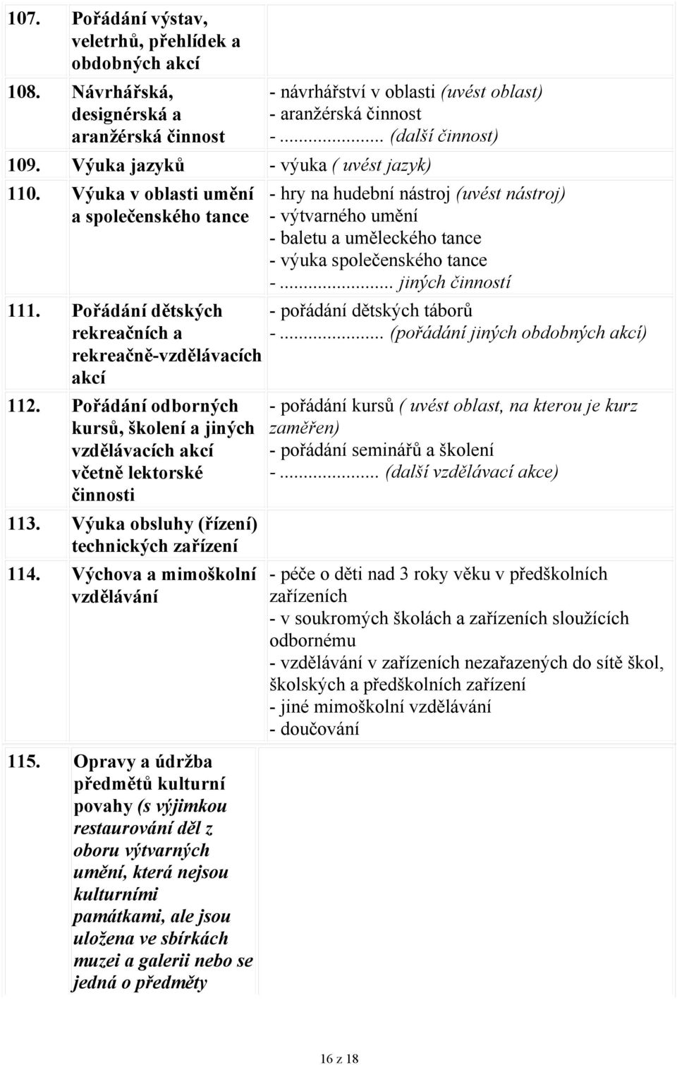 Pořádání odborných kursů, školení a jiných vzdělávacích akcí včetně lektorské činnosti 113. Výuka obsluhy (řízení) technických zařízení 114. Výchova a mimoškolní vzdělávání 115.