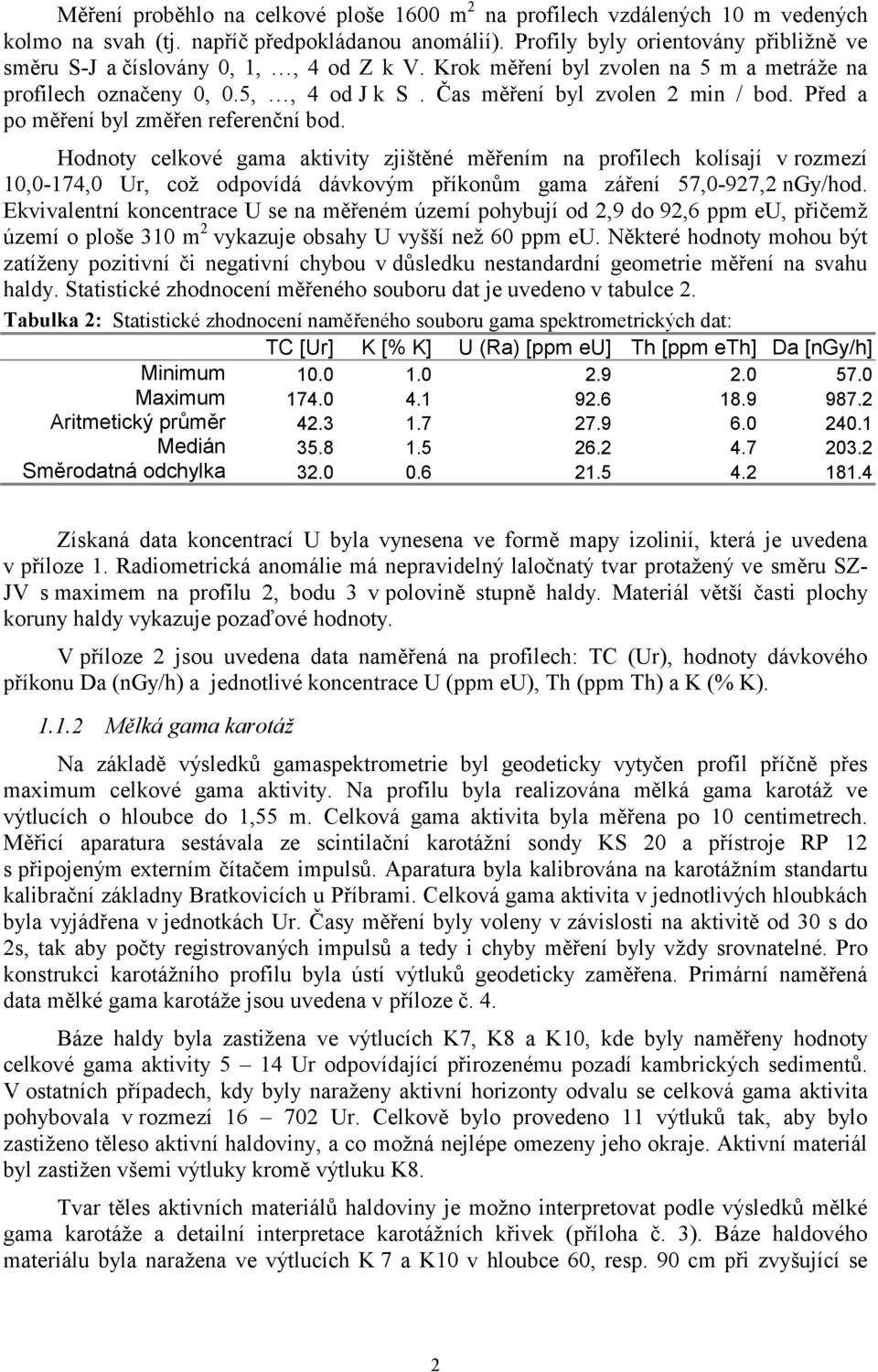 Před a po měření byl změřen referenční bod. Hodnoty celkové gama aktivity zjištěné měřením na profilech kolísají v rozmezí 10,0-174,0 Ur, což odpovídá dávkovým příkonům gama záření 57,0-927,2 ngy/hod.