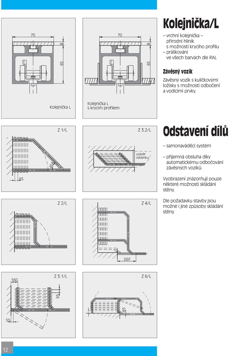 2/L Odstavení dílů samonaváděcí systém 45Ą uzávěr výklenku příjemná obsluha díky automatickému odbočování závěsných vozíků.