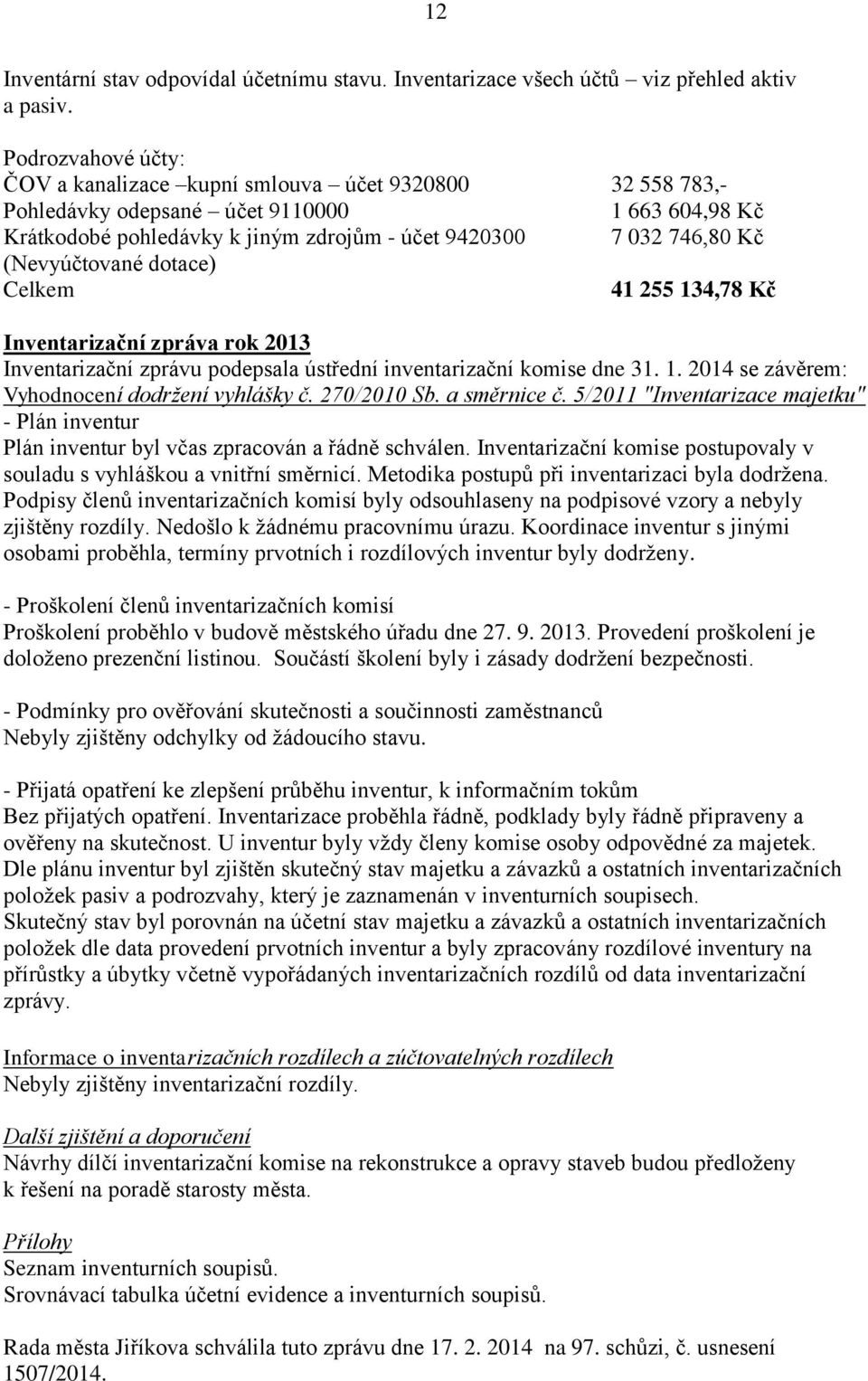 (Nevyúčtované dotace) 41 255 134,78 Kč Inventarizační zpráva rok 2013 Inventarizační zprávu podepsala ústřední inventarizační komise dne 31. 1. 2014 se závěrem: Vyhodnocení dodržení vyhlášky č.