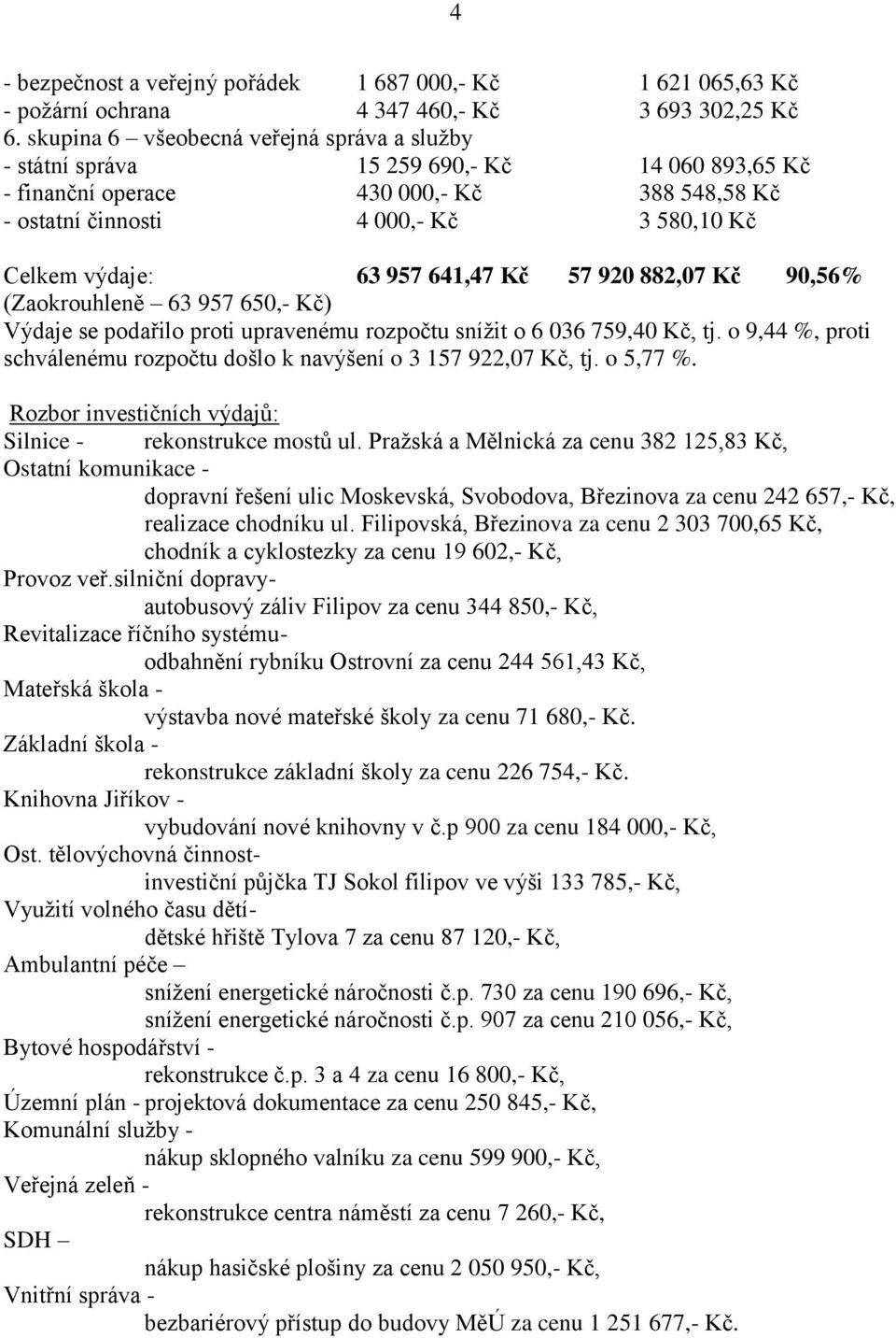 641,47 Kč 57 920 882,07 Kč 90,56% (Zaokrouhleně 63 957 650,- Kč) Výdaje se podařilo proti upravenému rozpočtu snížit o 6 036 759,40 Kč, tj.