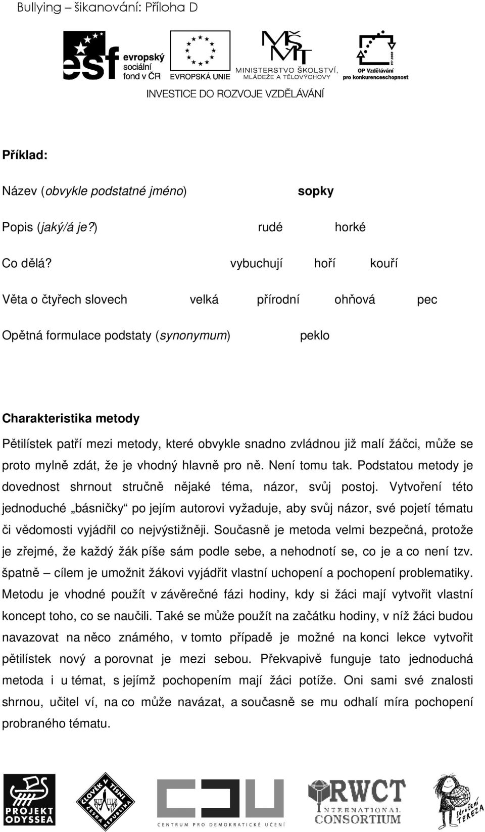 již malí žáčci, může se proto mylně zdát, že je vhodný hlavně pro ně. Není tomu tak. Podstatou metody je dovednost shrnout stručně nějaké téma, názor, svůj postoj.