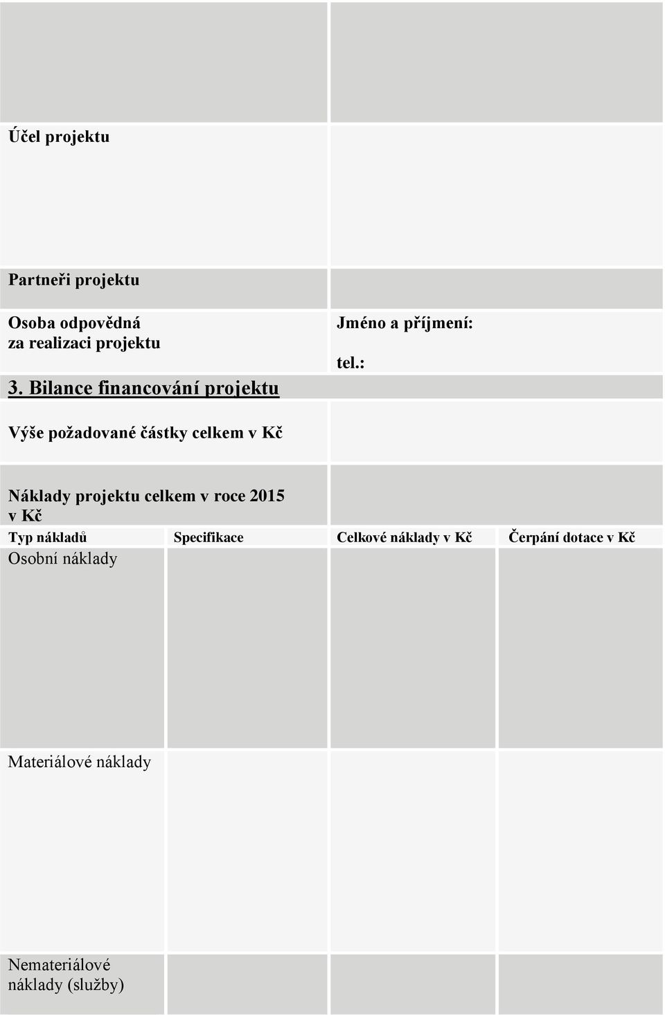 : Výše požadované částky celkem v Kč Náklady projektu celkem v roce 2015 v Kč Typ