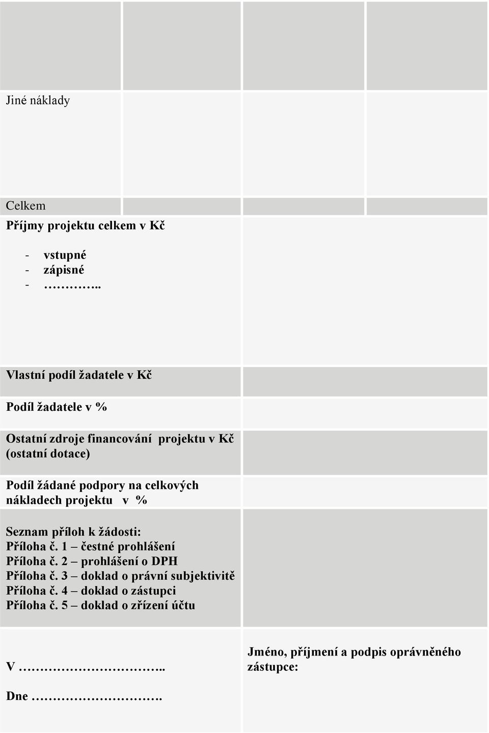 podpory na celkových nákladech projektu v % Seznam příloh k žádosti: Příloha č. 1 čestné prohlášení Příloha č.