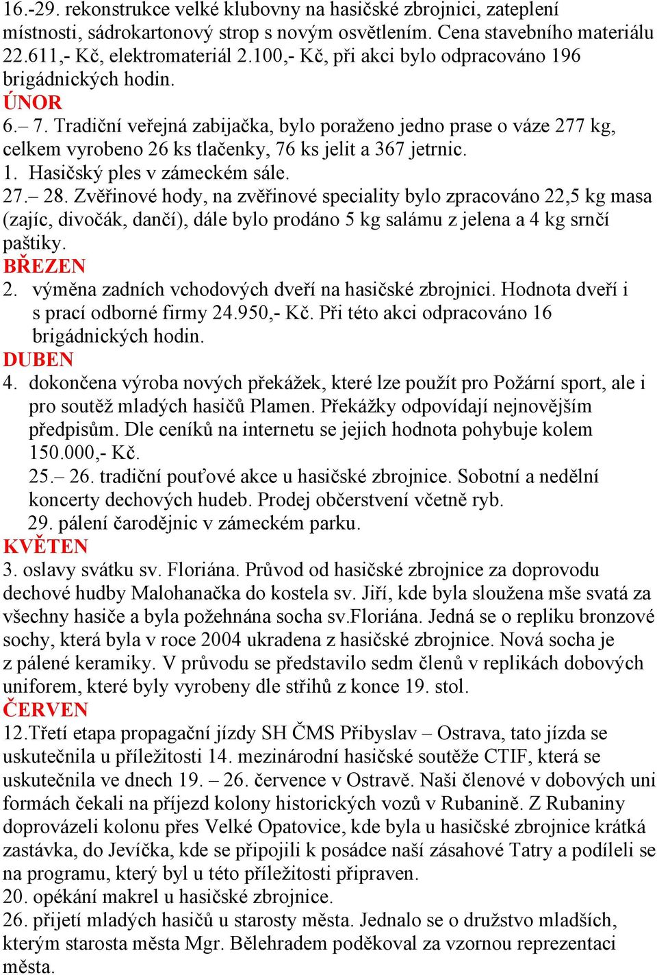 1. Hasičský ples v zámeckém sále. 27. 28. Zvěřinové hody, na zvěřinové speciality bylo zpracováno 22,5 kg masa (zajíc, divočák, dančí), dále bylo prodáno 5 kg salámu z jelena a 4 kg srnčí paštiky.