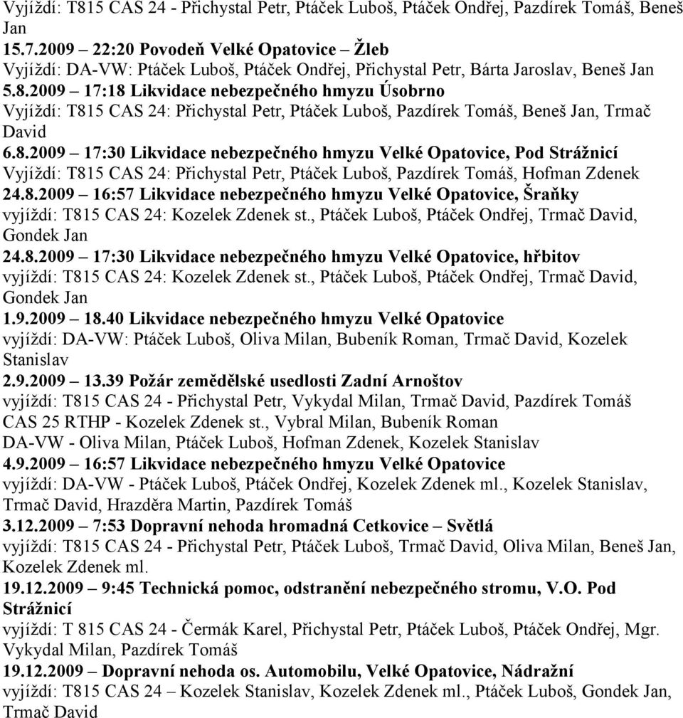 2009 17:18 Likvidace nebezpečného hmyzu Úsobrno Vyjíždí: T815 CAS 24: Přichystal Petr, Ptáček Luboš, Pazdírek Tomáš, Beneš Jan, Trmač David 6.8.2009 17:30 Likvidace nebezpečného hmyzu Velké Opatovice, Pod Strážnicí Vyjíždí: T815 CAS 24: Přichystal Petr, Ptáček Luboš, Pazdírek Tomáš, Hofman Zdenek 24.