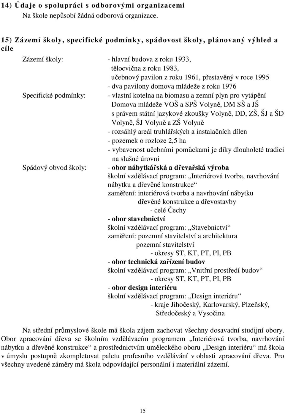 - dva pavilony domova mládeže z roku 1976 Specifické podmínky: - vlastní kotelna na biomasu a zemní plyn pro vytápění Domova mládeže VOŠ a SPŠ Volyně, DM SŠ a JŠ s právem státní jazykové zkoušky