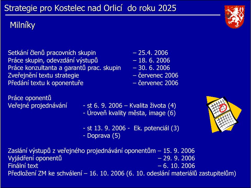 2006 Zveřejnění textu strategie červenec 2006 Předání textu k oponentuře červenec 2006 Práce oponentů Veřejné projednávání - st 6. 9.