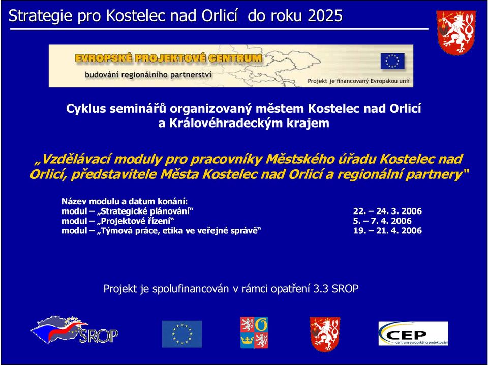 Název modulu a datum konání: modul Strategické plánování 22. 24. 3. 2006 modul Projektové řízení 5. 7. 4.