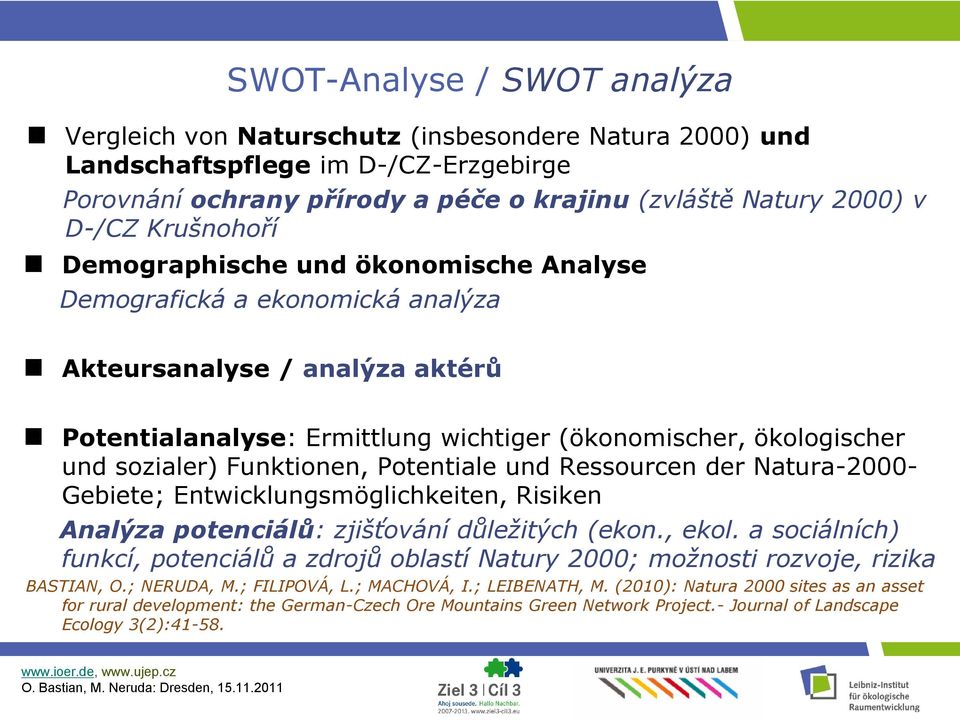 Funktionen, Potentiale und Ressourcen der Natura-2000- Gebiete; Entwicklungsmöglichkeiten, Risiken Analýza potenciálů: zjišťování důležitých (ekon., ekol.