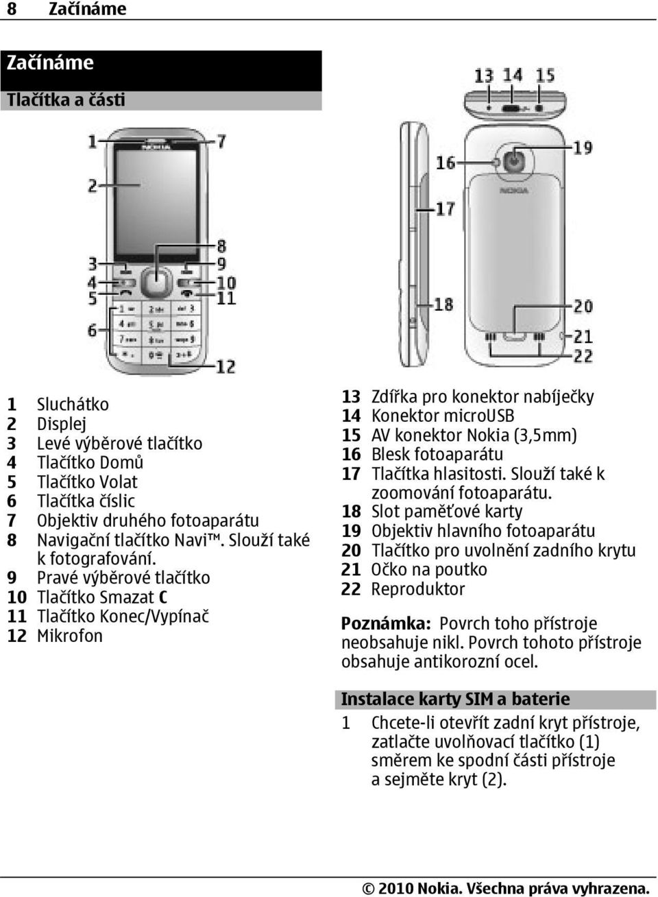 9 Pravé výběrové tlačítko 10 Tlačítko Smazat C 11 Tlačítko Konec/Vypínač 12 Mikrofon 13 Zdířka pro konektor nabíječky 14 Konektor microusb 15 AV konektor Nokia (3,5mm) 16 Blesk fotoaparátu 17