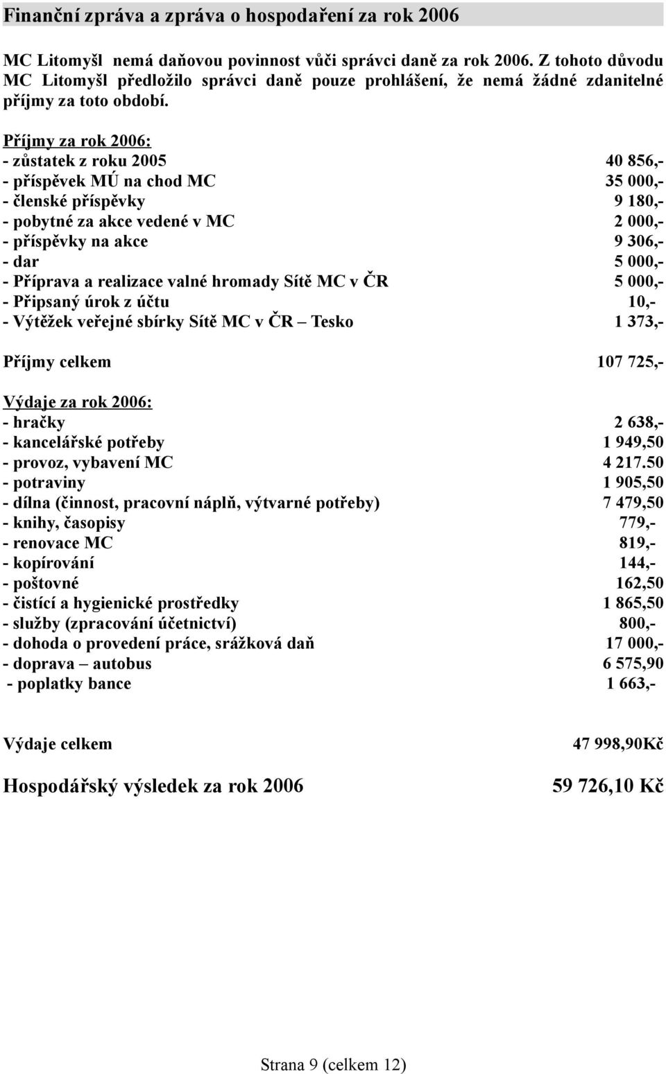 Příjmy za rok 2006: - zůstatek z roku 2005 40 856,- - příspěvek MÚ na chod MC 35 000,- - členské příspěvky 9 180,- - pobytné za akce vedené v MC 2 000,- - příspěvky na akce 9 306,- - dar 5 000,- -