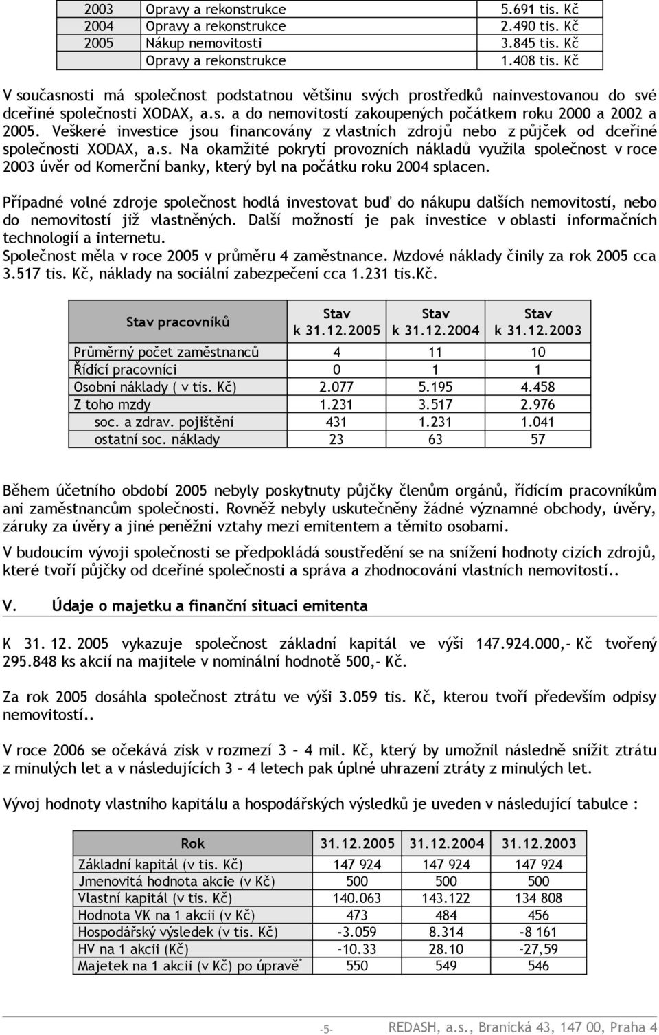 Veškeré investice jsou financovány z vlastních zdrojů nebo z půjček od dceřiné společnosti XODAX, a.s. Na okamžité pokrytí provozních nákladů využila společnost v roce 2003 úvěr od Komerční banky, který byl na počátku roku 2004 splacen.