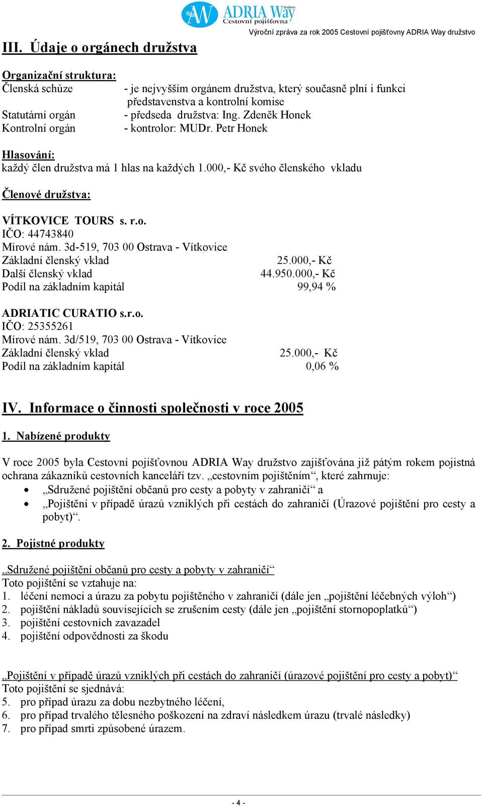 000,- Kč svého členského vkladu Členové družstva: VÍTKOVICE TOURS s. r.o. IČO: 44743840 Mírové nám. 3d-519, 703 00 Ostrava - Vítkovice Základní členský vklad 25.000,- Kč Další členský vklad 44.950.