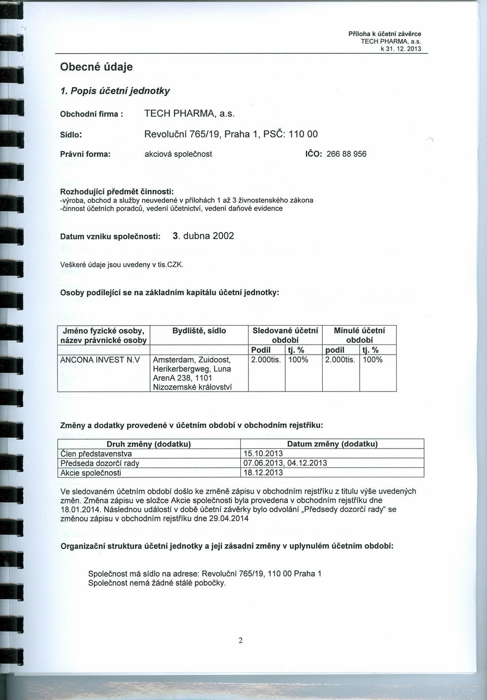 přílohách 1 až 3 živnostenského zákona -činnost účetních poradců, vedení účetnictví, vedení daňové evidence Datum vzniku společnosti: 3. dubna 2002 Veškeré údaje jsou uvedeny v tis.czk.