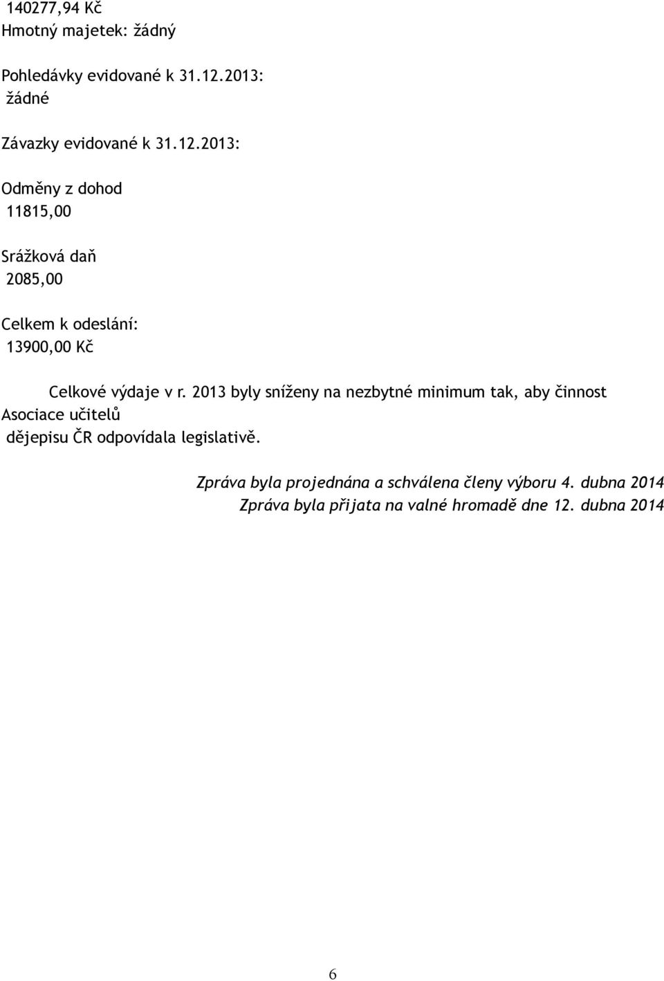 2013: Odměny z dohod 11815,00 Srážková daň 2085,00 Celkem k odeslání: 13900,00 Kč Celkové výdaje v r.