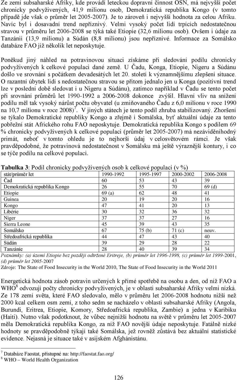 Velmi vysoký počet lidí trpících nedostatečnou stravou v průměru let 20062008 se týká také Etiopie (32,6 milionu osob). Ovšem i údaje za Tanzánii (13,9 milionu) a Súdán (8,8 milionu) jsou nepříznivé.