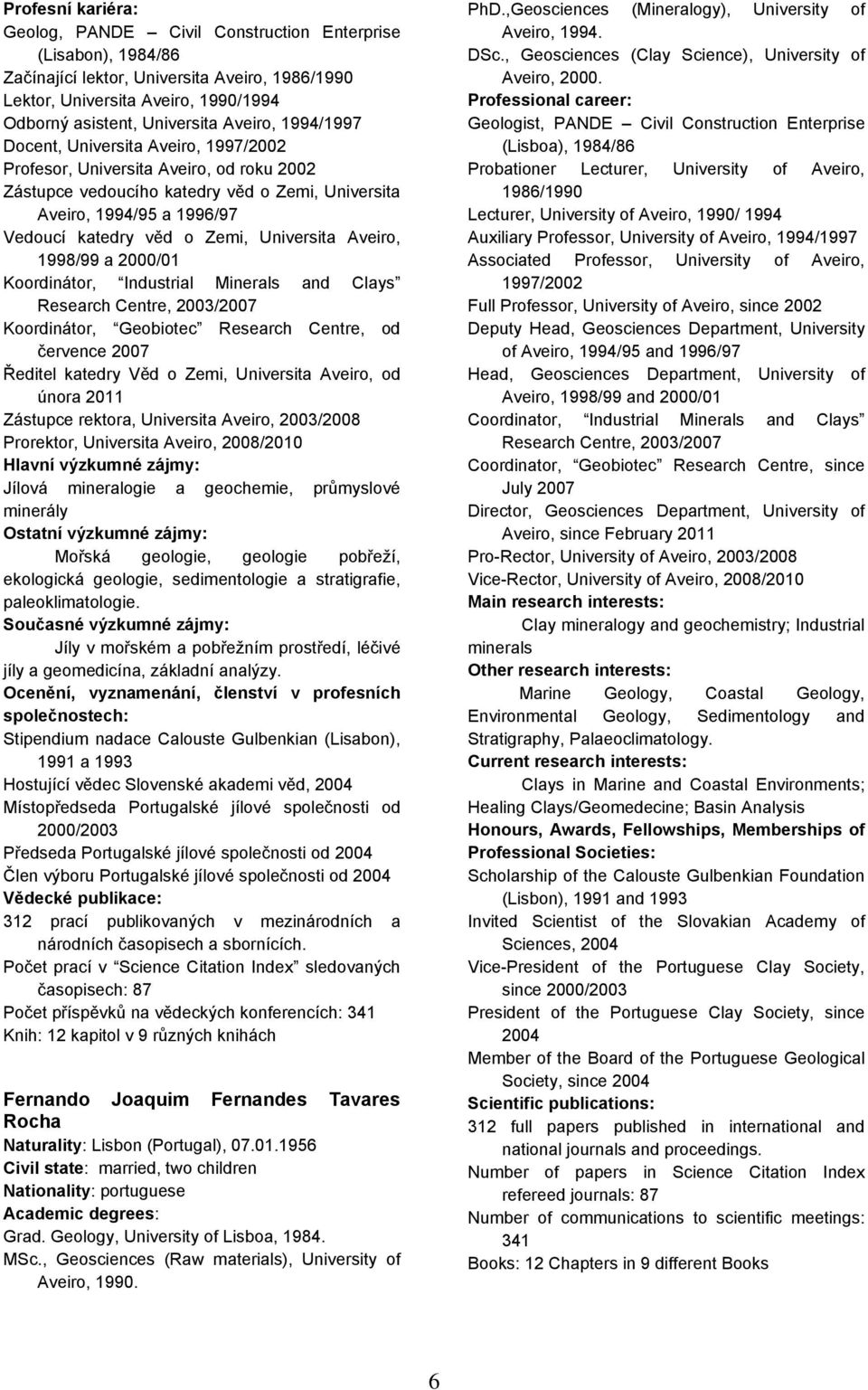 Zemi, Universita Aveiro, 1998/99 a 2000/01 Koordinátor, Industrial Minerals and Clays Research Centre, 2003/2007 Koordinátor, Geobiotec Research Centre, od července 2007 Ředitel katedry Věd o Zemi,