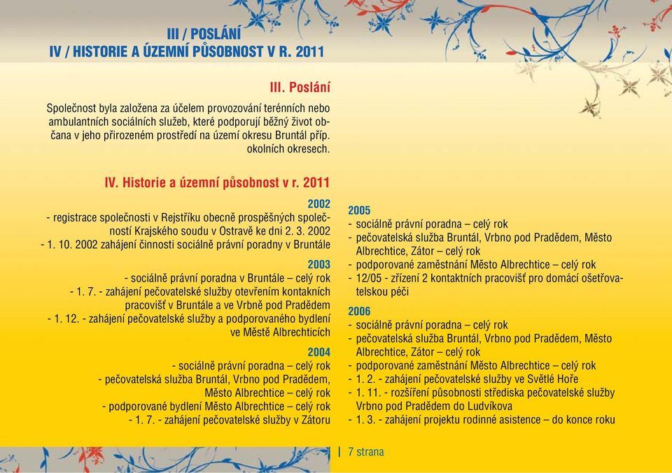 okolních okresech. IV. Historie a územní působnost v r. 2011 2002 - registrace společnosti v Rejstříku obecně prospěšných společností Krajského soudu v Ostravě ke dni 2. 3. 2002-1. 10.