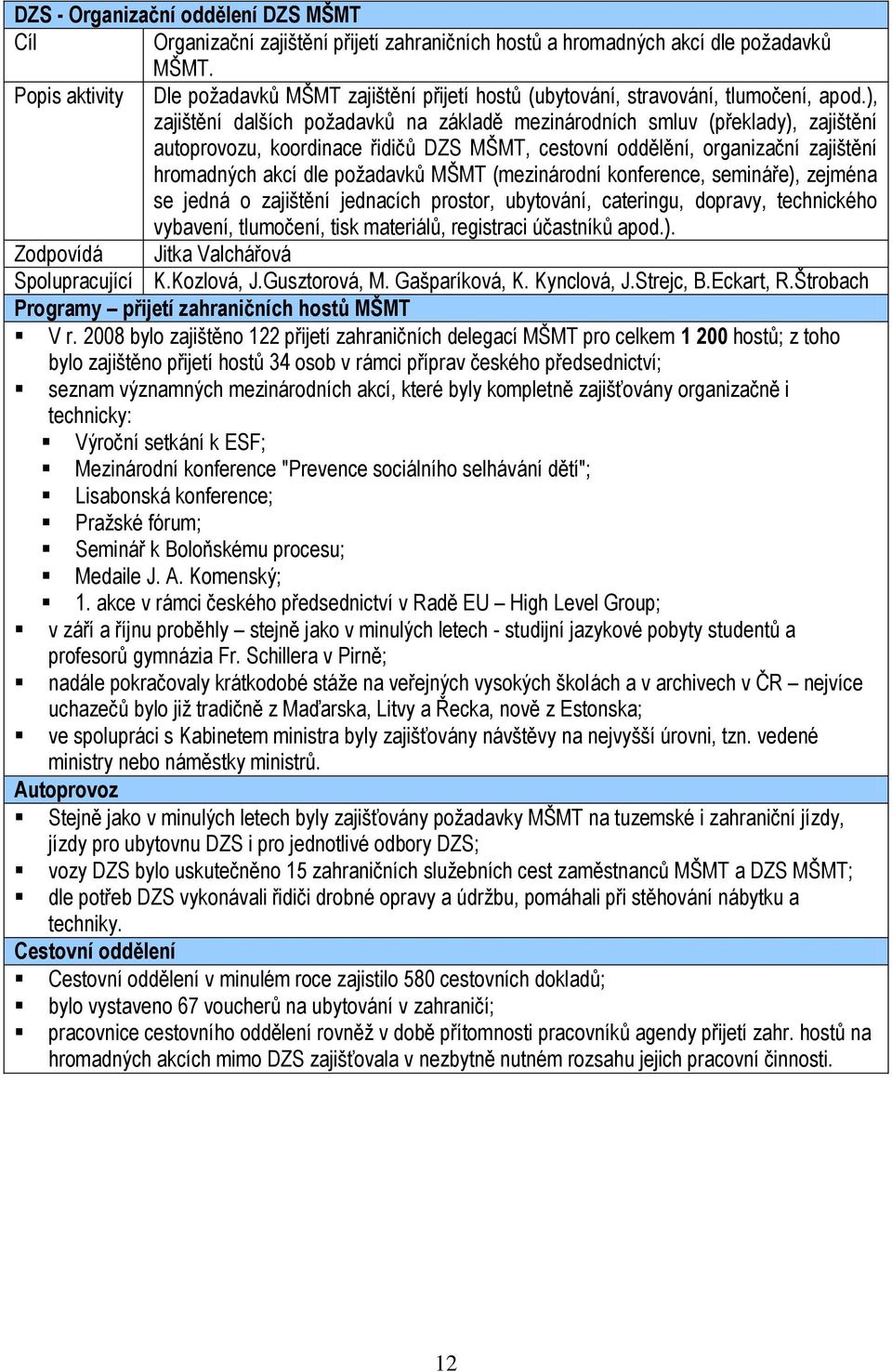 ), zajištění dalších poţadavků na základě mezinárodních smluv (překlady), zajištění autoprovozu, koordinace řidičů DZS MŠMT, cestovní oddělění, organizační zajištění hromadných akcí dle poţadavků