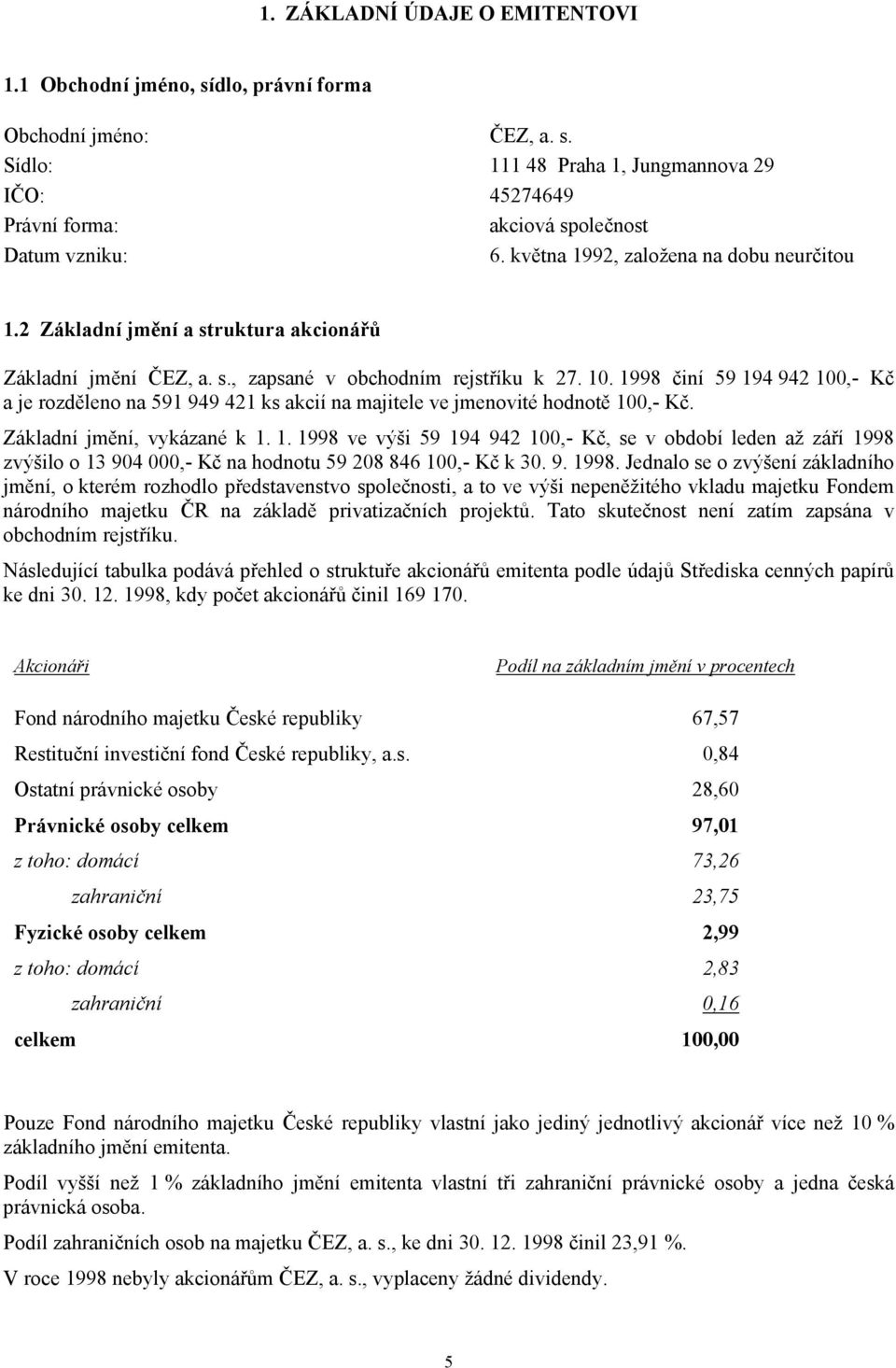 1998 činí 59 194 942 100,- Kč a je rozděleno na 591 949 421 ks akcií na majitele ve jmenovité hodnotě 100,- Kč. Základní jmění, vykázané k 1. 1. 1998 ve výši 59 194 942 100,- Kč, se v období leden až září 1998 zvýšilo o 13 904 000,- Kč na hodnotu 59 208 846 100,- Kč k 30.