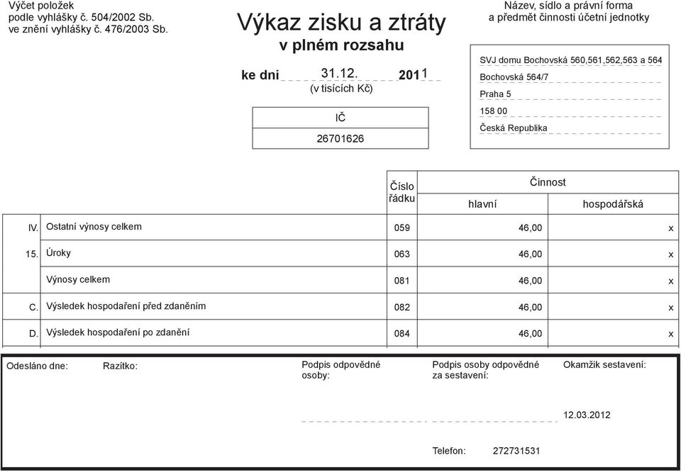 Praha 5 158 00 eská Republika hlavní innost hospodáská IV. Ostatní výnosy celkem 059 15. Úroky 063 Výnosy celkem 081 C.