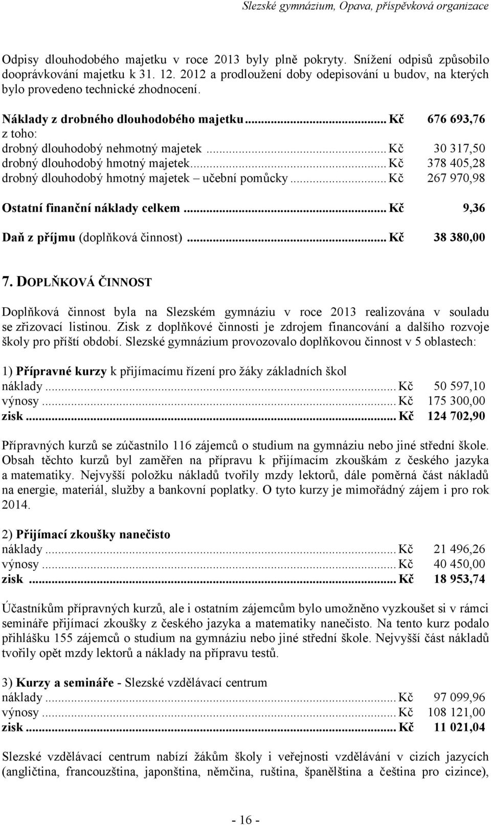 .. Kč drobný dlouhodobý hmotný majetek... Kč drobný dlouhodobý hmotný majetek učební pomůcky... Kč 676 693,76 Ostatní finanční náklady celkem... Kč 9,36 Daň z příjmu (doplňková činnost).