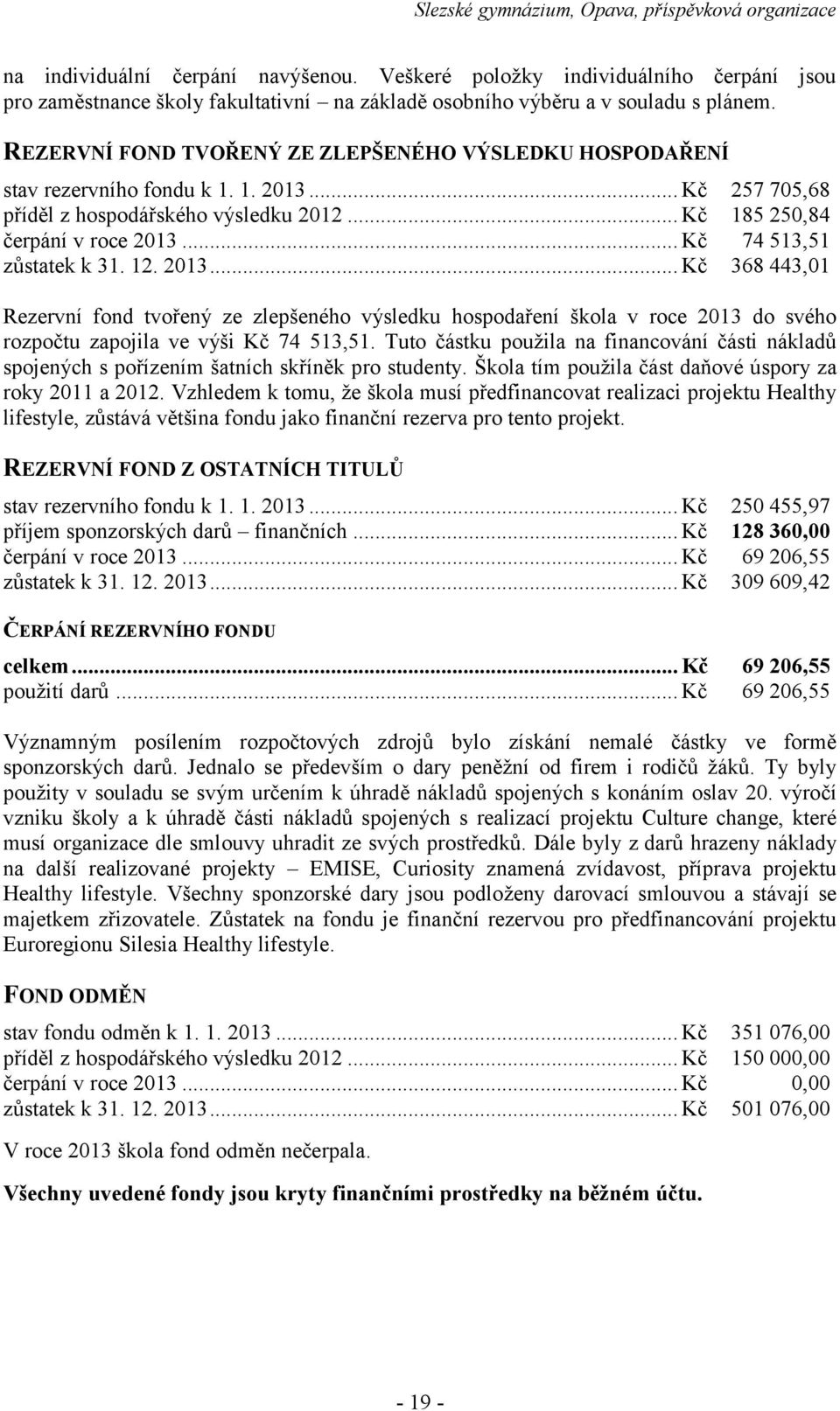 .. Kč příděl z hospodářského výsledku 2012... Kč čerpání v roce 2013.