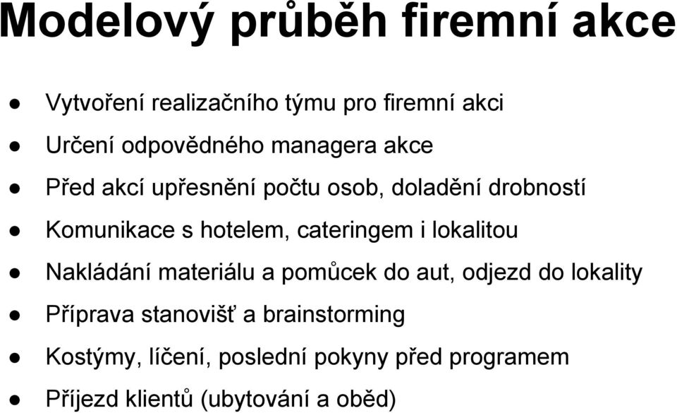 cateringem i lokalitou Nakládání materiálu a pomůcek do aut, odjezd do lokality Příprava