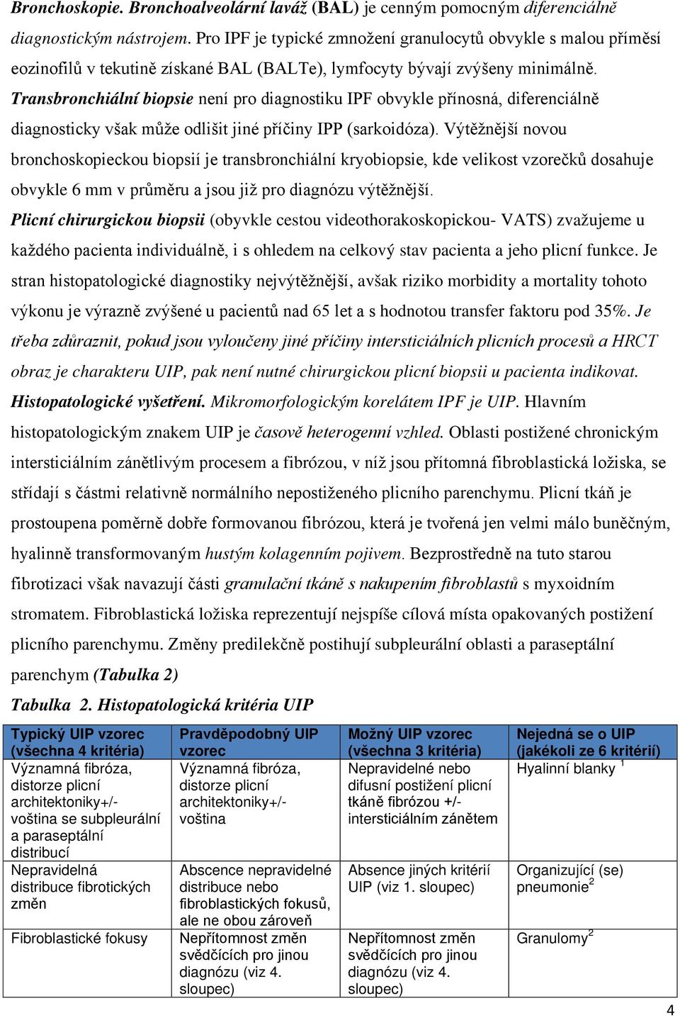 Transbronchiální biopsie není pro diagnostiku IPF obvykle přínosná, diferenciálně diagnosticky však může odlišit jiné příčiny IPP (sarkoidóza).