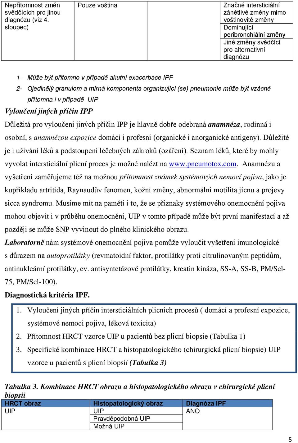 akutní exacerbace IPF 2- Ojedinělý granulom a mírná komponenta organizující (se) pneumonie může být vzácně přítomna i v případě UIP Vyloučení jiných příčin IPP Důležitá pro vyloučení jiných příčin