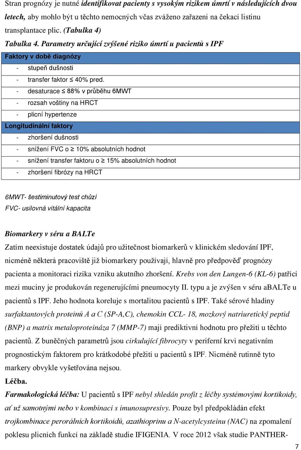 - desaturace 88% v průběhu 6MWT - rozsah voštiny na HRCT - plicní hypertenze Longitudinální faktory - zhoršení dušnosti - snížení FVC o 10% absolutních hodnot - snížení transfer faktoru o 15%