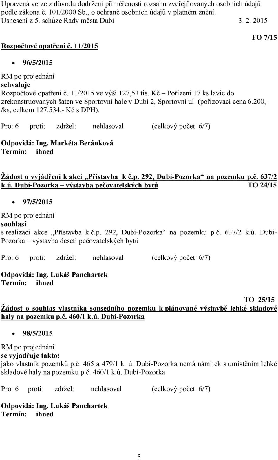 Markéta Beránková Žádost o vyjádření k akci Přístavba k č.p. 292, Dubí-Pozorka na pozemku p.č. 637/2 k.ú.