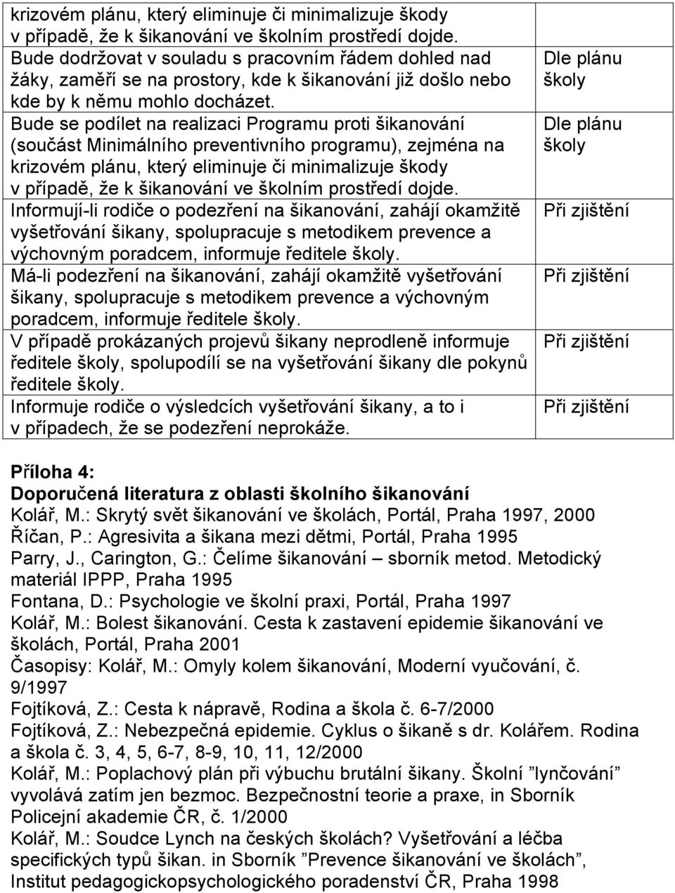 Bude se podílet na realizaci Programu proti šikanování (součást Minimálního preventivního programu), zejména na  Informují-li rodiče o podezření na šikanování, zahájí okamžitě vyšetřování šikany,