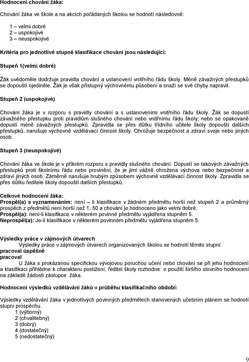 Žák je však přístupný výchovnému působení a snaží se své chyby napravit. Stupeň 2 (uspokojivé) Chování žáka je v rozporu s pravidly chování a s ustanoveními vnitřního řádu školy.