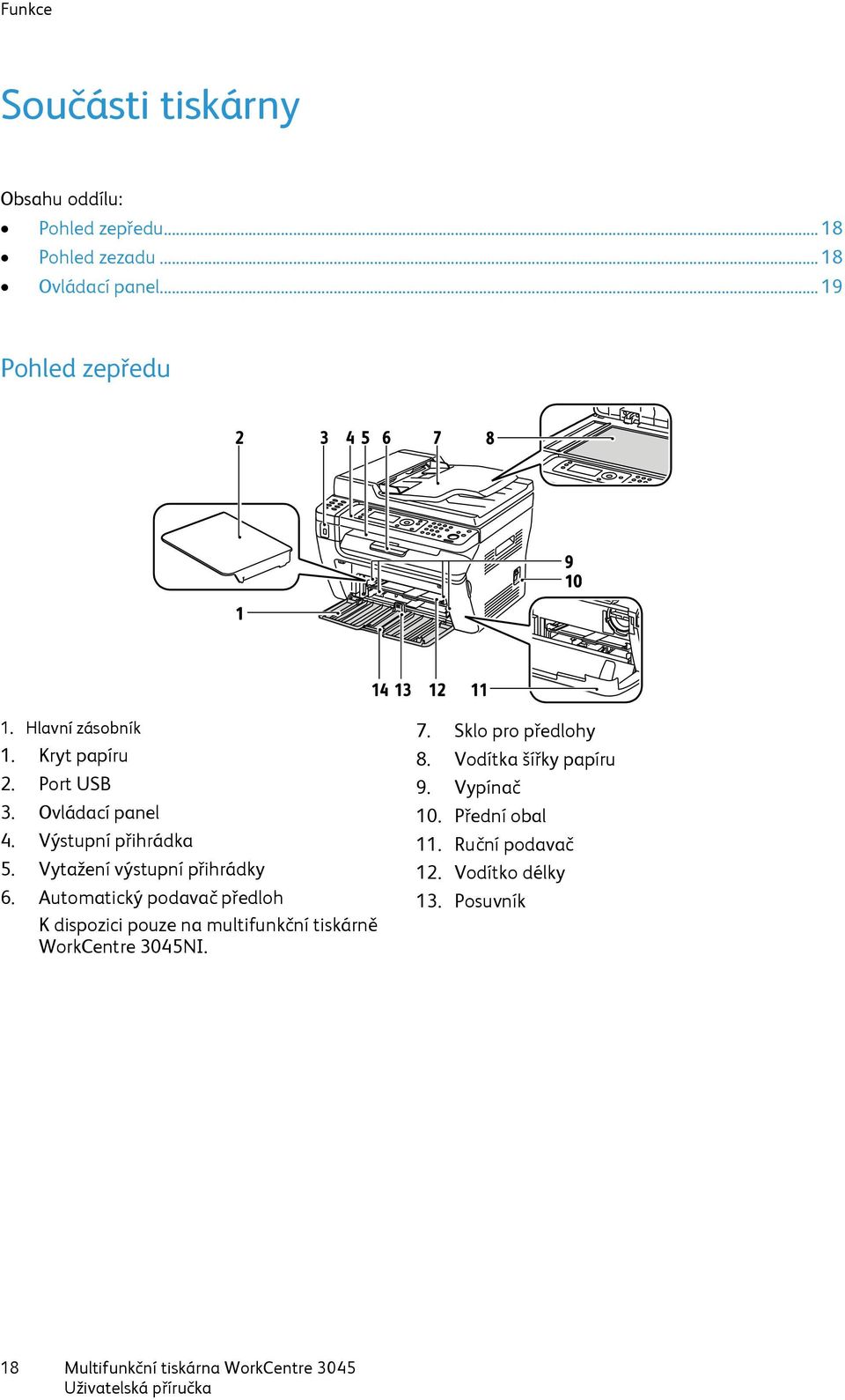 Automatický podavač předloh K dispozici pouze na multifunkční tiskárně WorkCentre 3045NI. 7. Sklo pro předlohy 8.