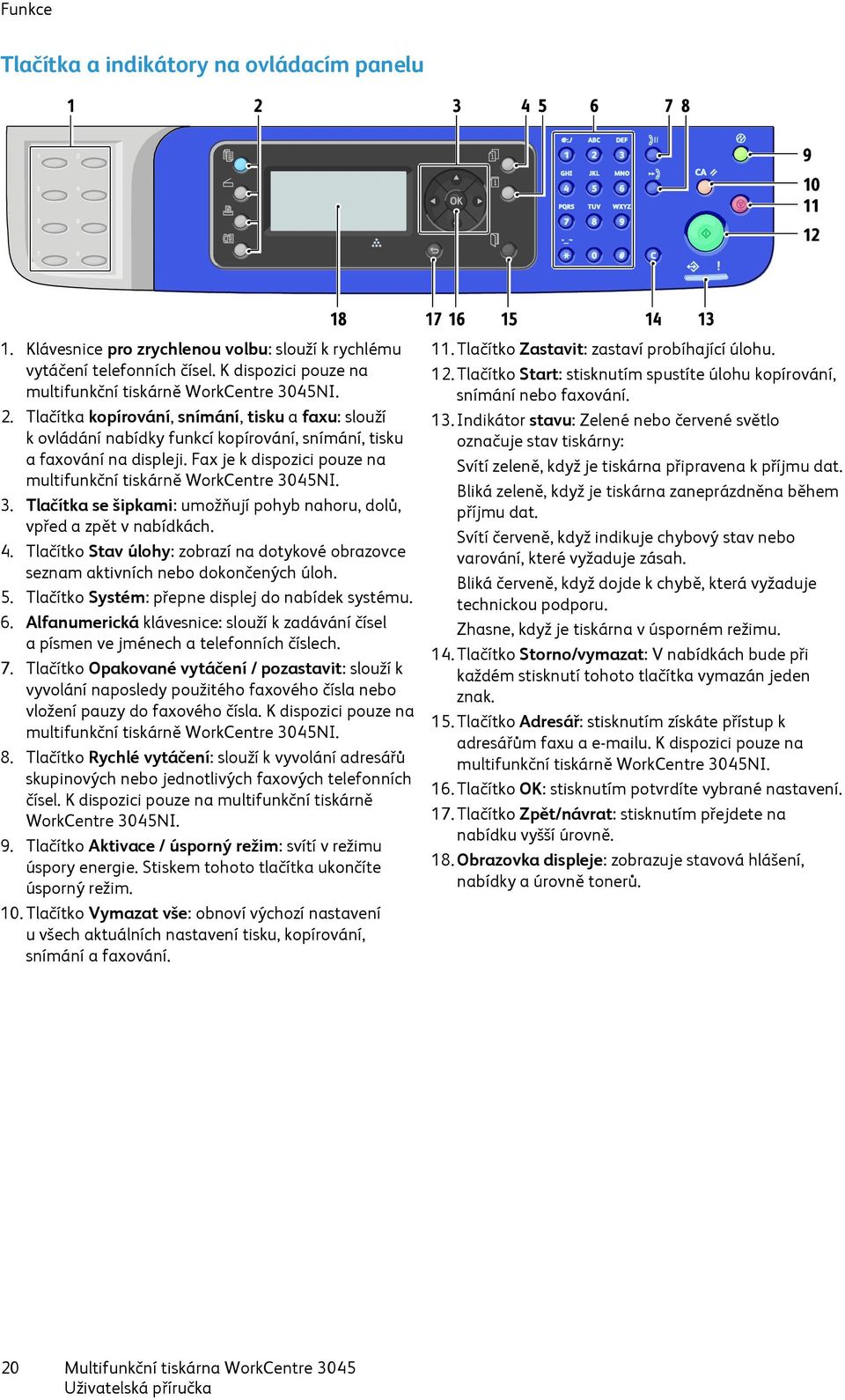 45NI. 3. Tlačítka se šipkami: umožňují pohyb nahoru, dolů, vpřed a zpět v nabídkách. 4. Tlačítko Stav úlohy: zobrazí na dotykové obrazovce seznam aktivních nebo dokončených úloh. 5.