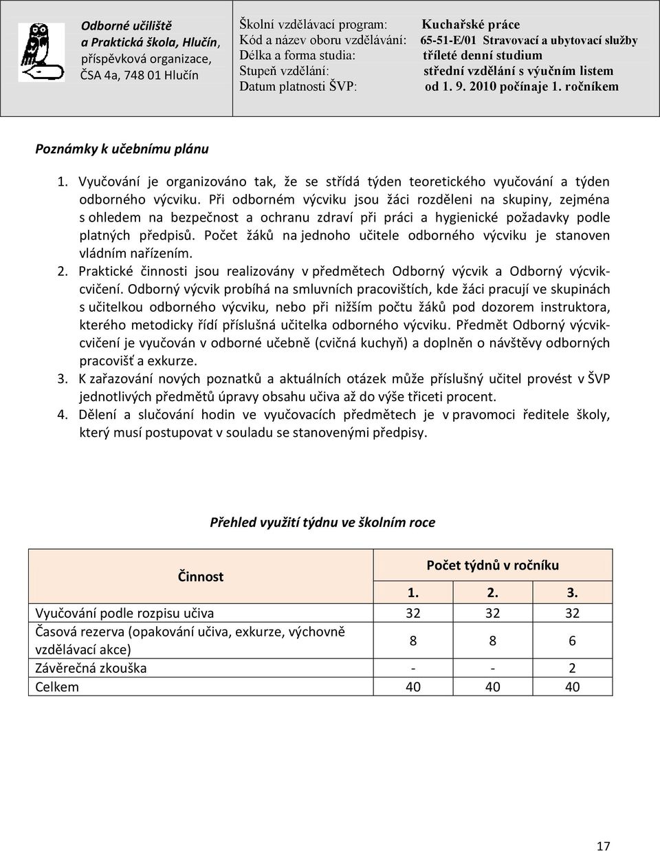 Počet žáků na jednoho učitele odborného výcviku je stanoven vládním nařízením. 2. Praktické činnosti jsou realizovány v předmětech Odborný výcvik a Odborný výcvikcvičení.