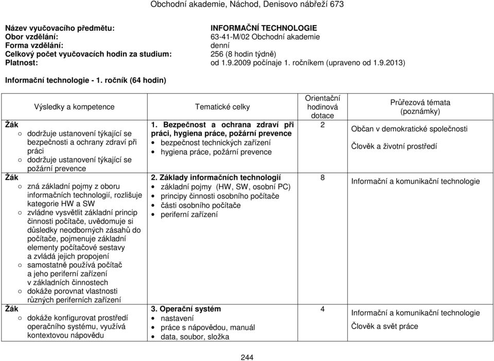 ročník (64 hodin) dodržuje ustanovení týkající se bezpečnosti a ochrany zdraví při práci dodržuje ustanovení týkající se požární prevence zná základní pojmy z oboru informačních technologií,