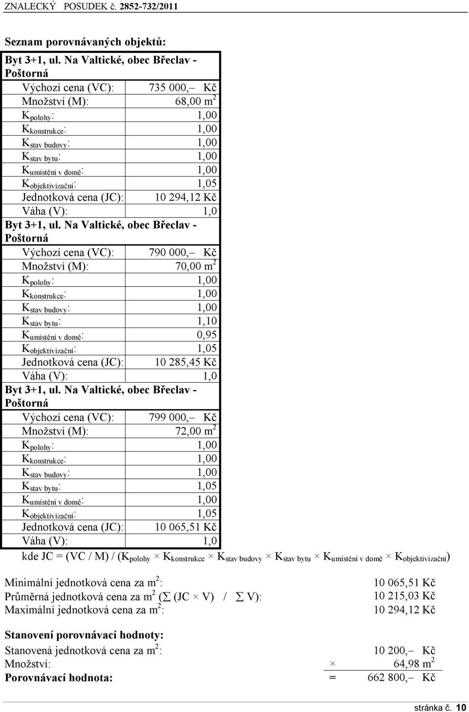 objektivizační : 1,05 Jednotková cena (JC): 10 294,12 Kč Váha (V): 1,0 Byt 3+1, ul.