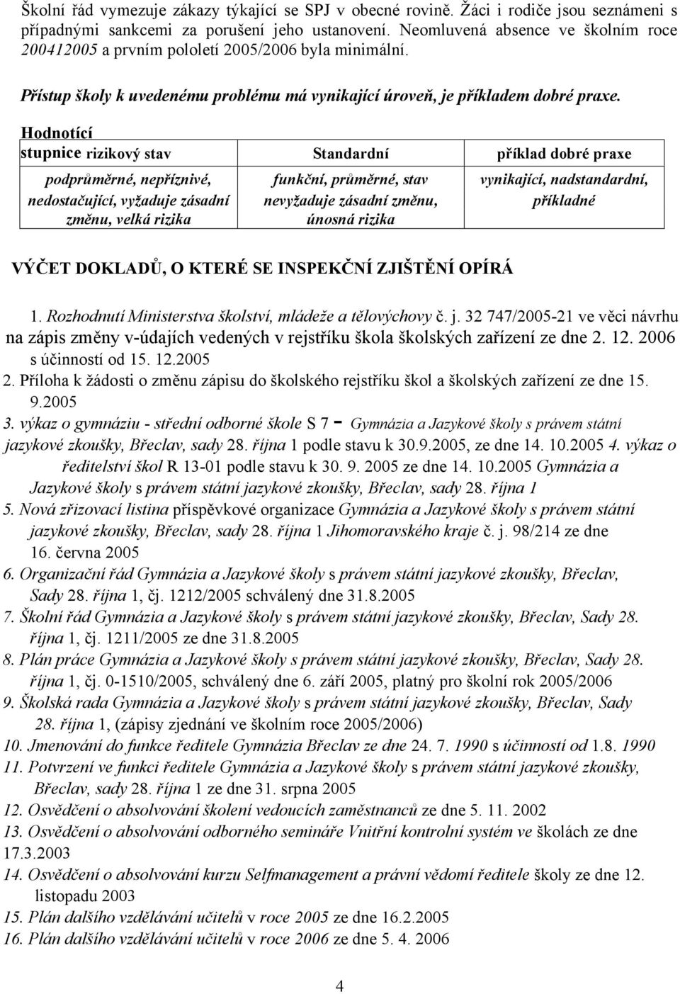 Hodnotící stupnice rizikový stav Standardní příklad dobré praxe podprůměrné, nepříznivé, funkční, průměrné, stav vynikající, nadstandardní, nedostačující, vyžaduje zásadní nevyžaduje zásadní změnu,