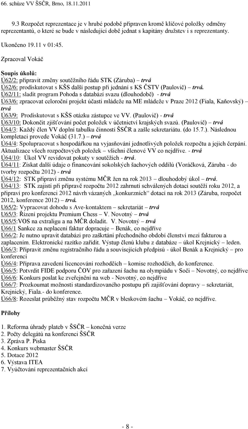 Ú62/11: sladit program Pohoda s databází svazu (dlouhodobě) - trvá Ú63/6: zpracovat celoroční projekt účasti mládeže na ME mládeže v Praze 2012 (Fiala, Kaňovský) trvá Ú63/9: Prodiskutovat s KŠS