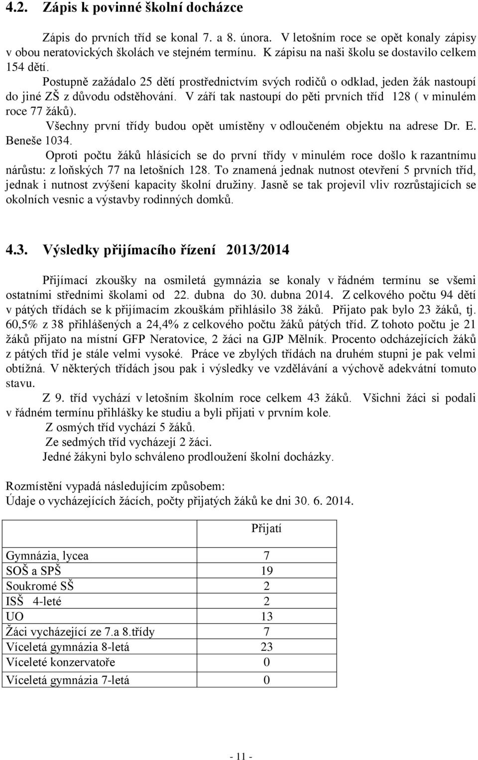 V září tak nastoupí do pěti prvních tříd 128 ( v minulém roce 77 ţáků). Všechny první třídy budou opět umístěny v odloučeném objektu na adrese Dr. E. Beneše 1034.