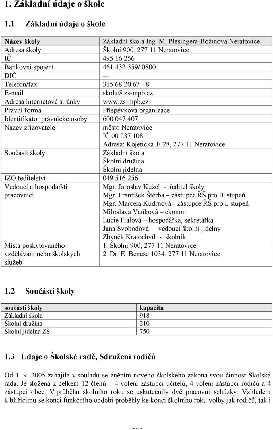 cz Adresa internetové stránky www.zs-mpb.cz Právní forma Příspěvková organizace Identifikátor právnické osoby 600 047 407 Název zřizovatele město Neratovice IČ 00 237 108.