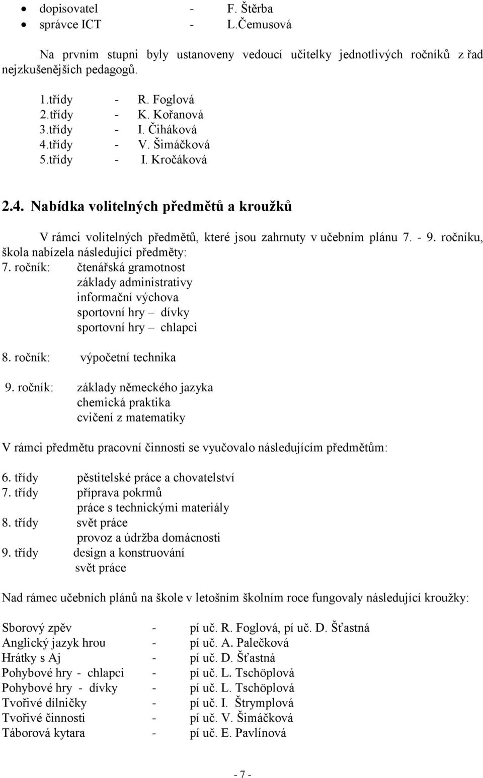 ročníku, škola nabízela následující předměty: 7. ročník: čtenářská gramotnost základy administrativy informační výchova sportovní hry dívky sportovní hry chlapci 8. ročník: výpočetní technika 9.