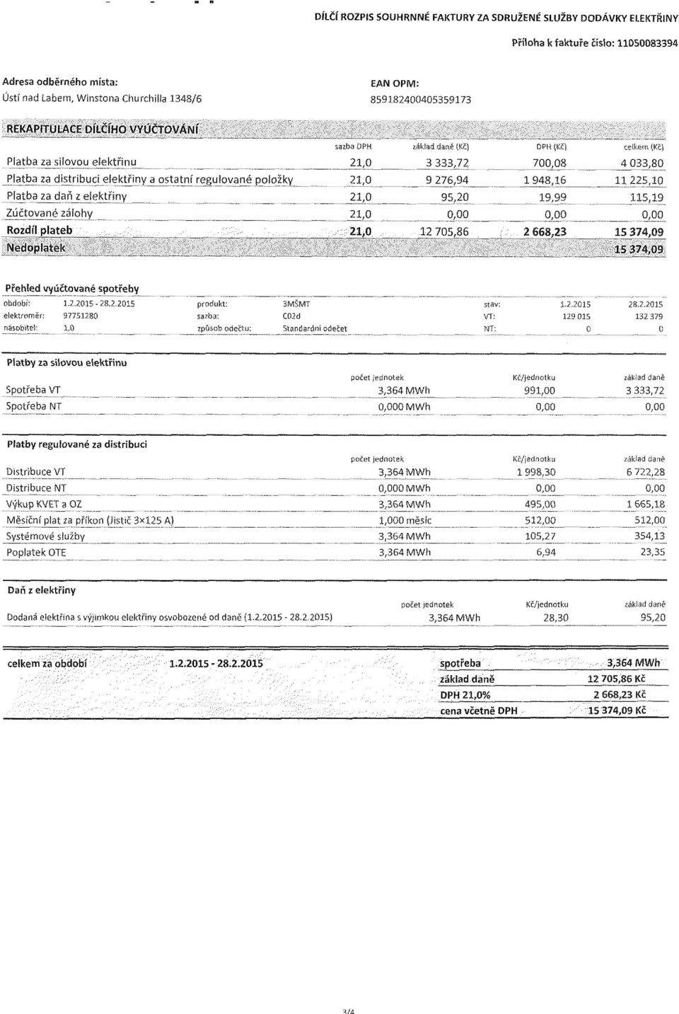 95,20 19,99 115,19 Zúčtované zálohy Jíozdíí plateb 21 >SL 12 705,86_ 2 668,2 15J74,09 Nedoplatek 15 374,09 Přehled vyúčtované spotřeby období; 1.2.2015-28.2.2015 elektroměr: 97751280 násobíte!