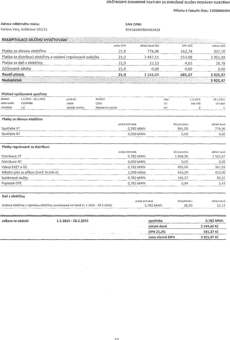 162,74 513,98 4,65 681,37 937,70 2 961,49 26,78 3 925,97 3 925,97 Přehled vyúčtované spotřeby období: 1,2.2015-28.2.2015 produkt; 3MŠMT stav: 1.2.2015 28.2.2015 elektroměr: 62006486 sazba: C02d VT: