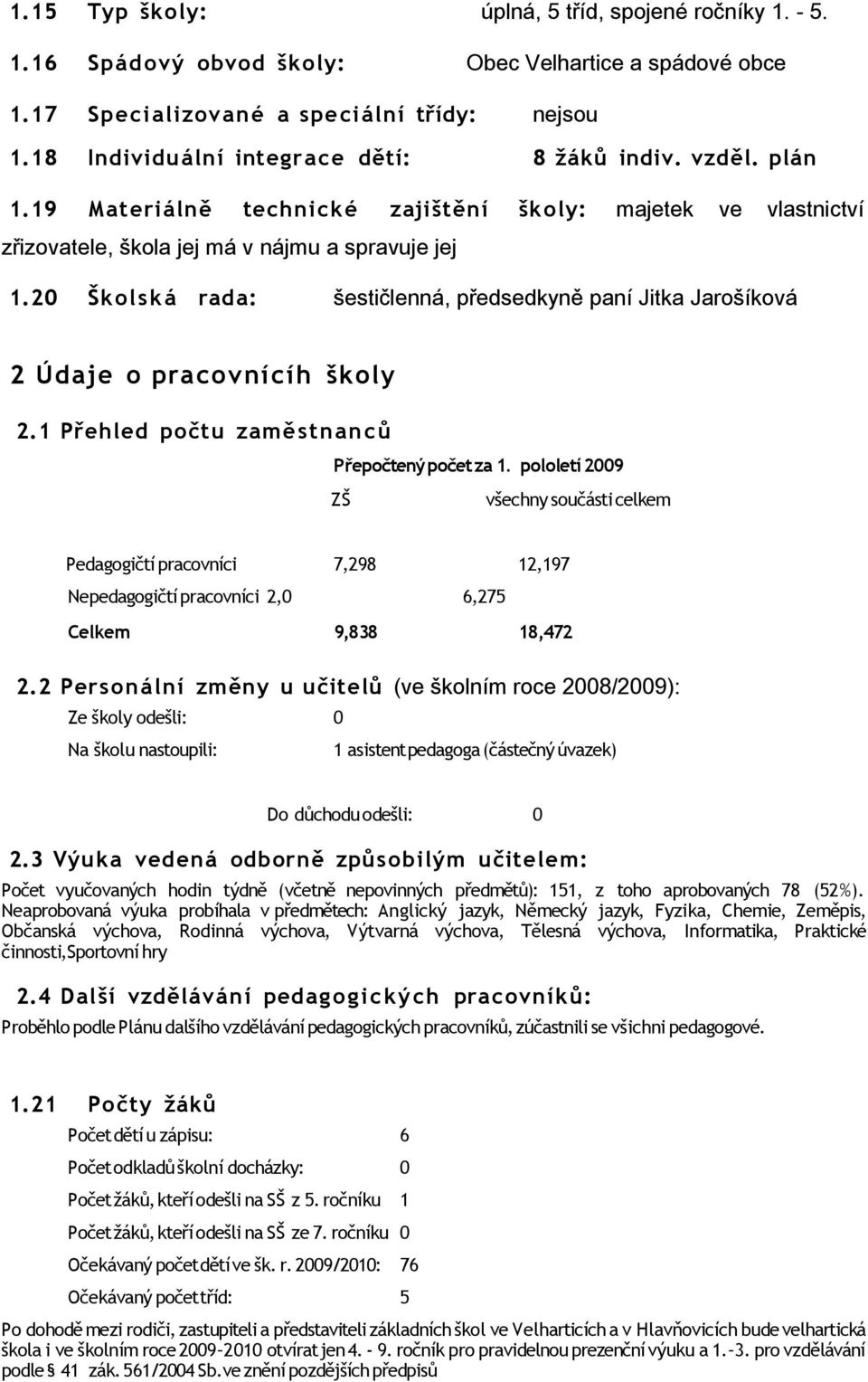 20 Škols k á rada: šestičlenná, předsedkyně paní Jitka Jarošíková 2 Údaje o pracovnícíh školy 2.1 Přehled počtu zaměstnanců Přepočtený počet za 1.